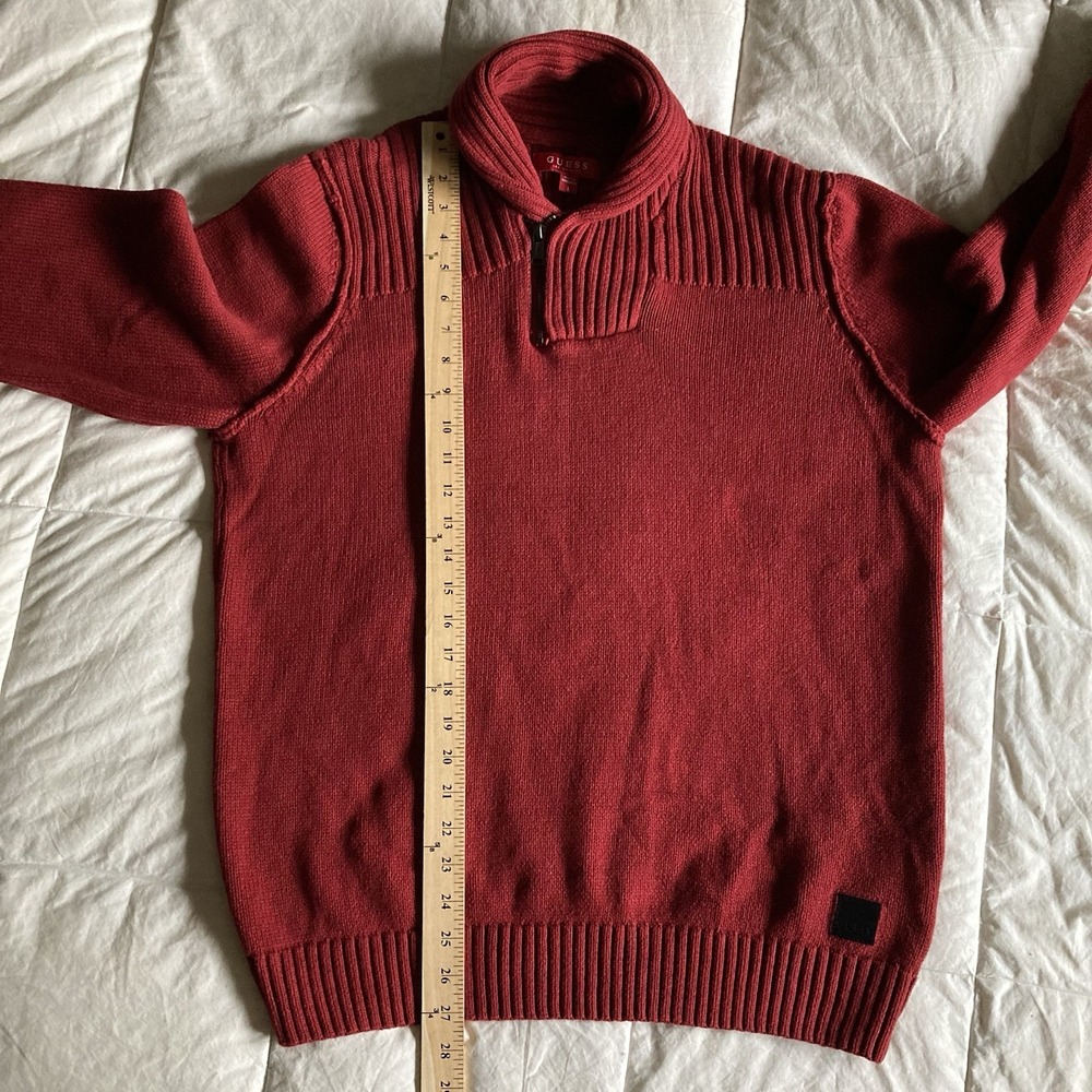 GUESS Cleo Zip Shawl Collar Pullover Sweater Mens Lg Cranberry Red Cotton Blend - Picture 13 of 14